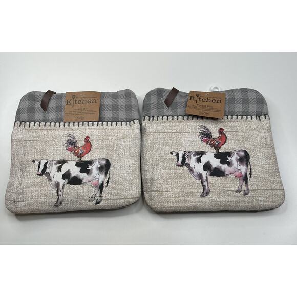 NWT For A Well Dressed Kitchen Pocket Oven Mitt 8”x8” Gray Cow Rooster - Picture 1 of 5